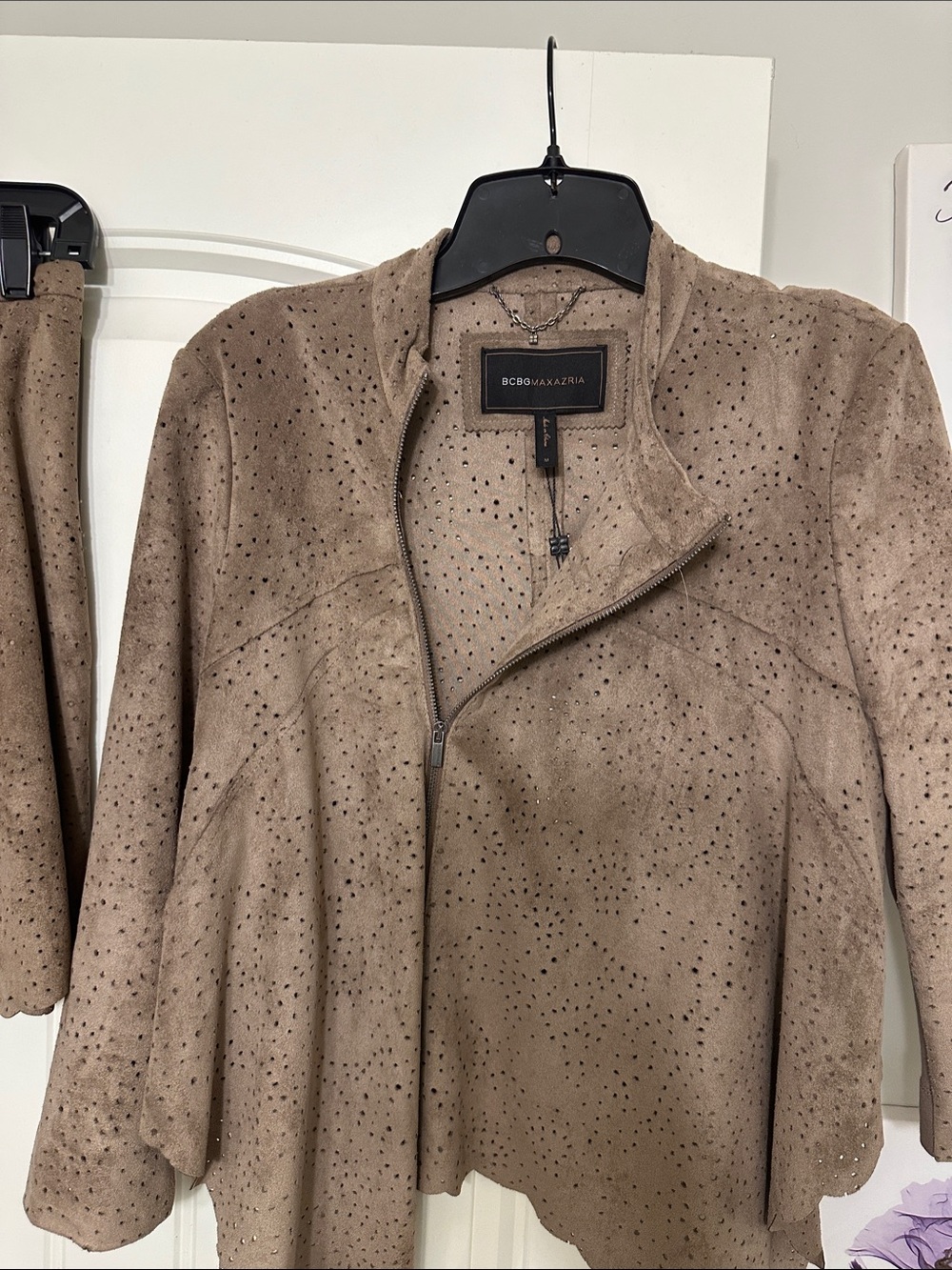 BCBGMaxAzria Taupe Perforated Faux Suede Jacket and Skirt